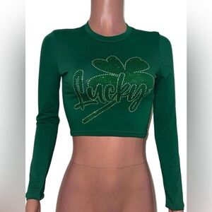 Green bedazzled Long Sleeve Crop Top
